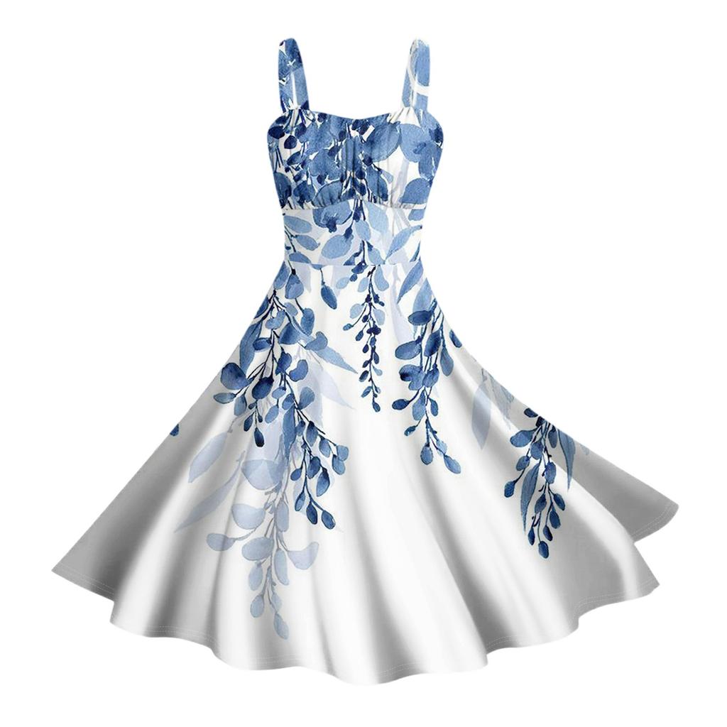 Damen Vintage Ärmellos Plissiert Patchwork Niedlich A-Linien Saum Blumendruck Kleider