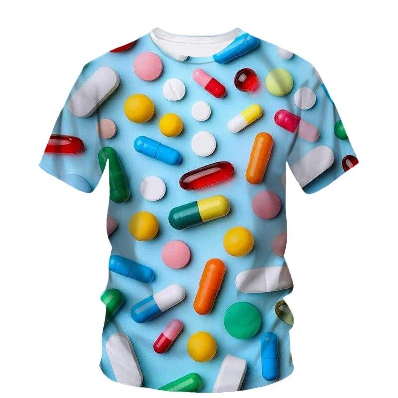 Modne nowe, oryginalność Pill Graphic T-shirty dla mężczyzn Casual Artystyczny trend osobowości Zabawne drukowane koszulki z krótkim rękawem i okrągłym dekoltem