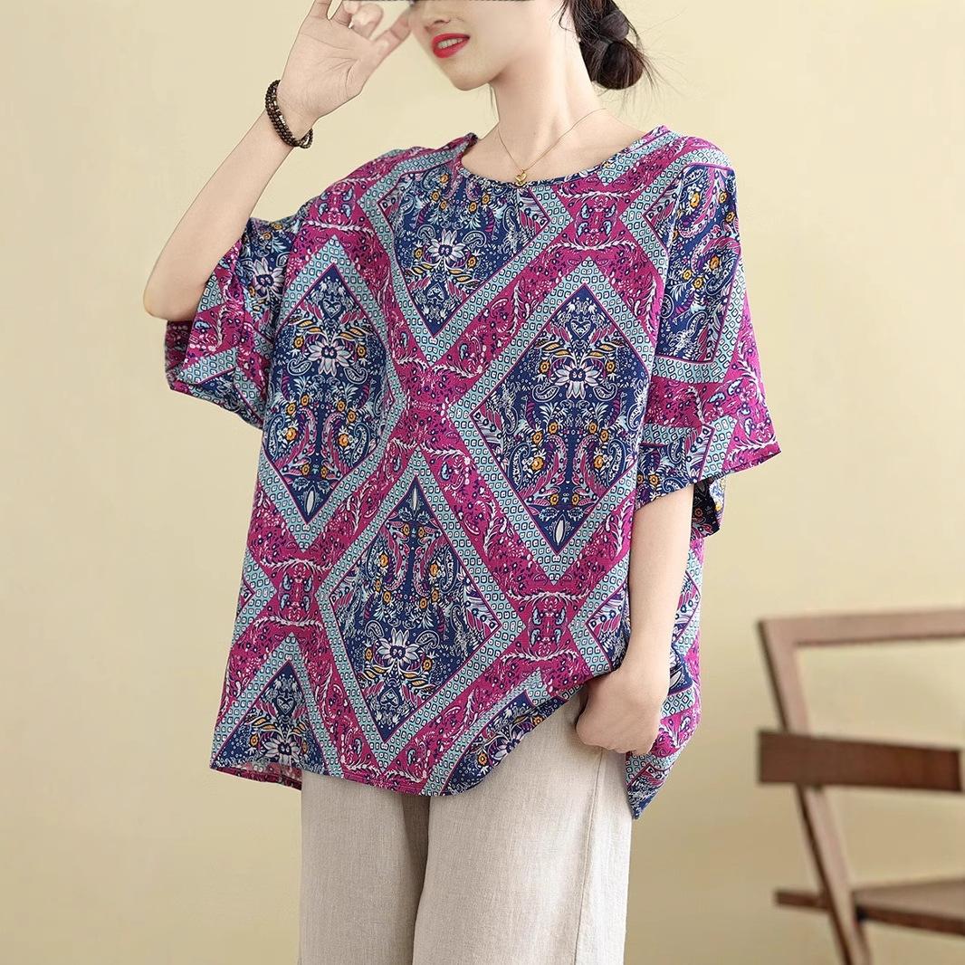 

Хлопок и Лен Большой Размер Свободный Приталенный Топ Лето Этнический Стиль Среднего и Пожилого Возраста Ретро Повседневный Универсальный Скрывающий Живот Футболка с Коротким Рукавом 3XL фиолетовый