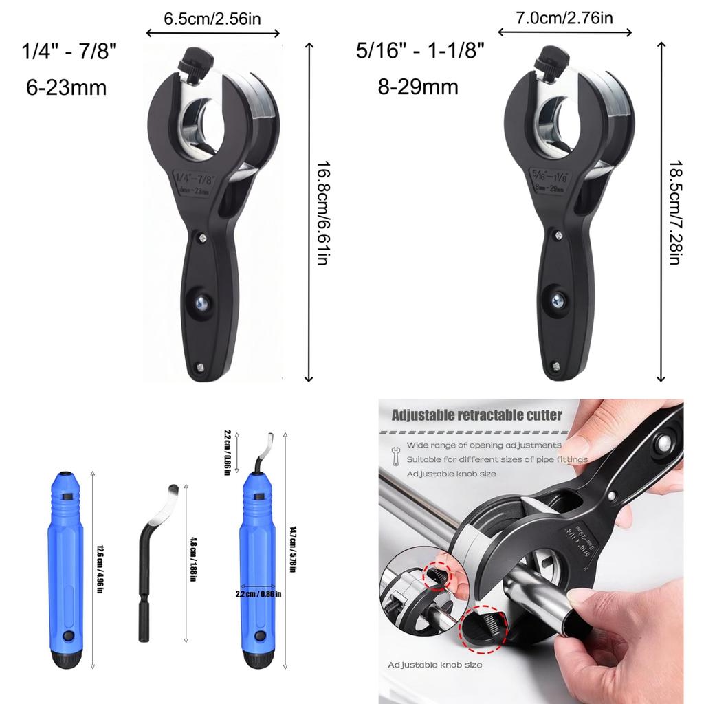Ratcheting Tubing Cutter Copper Pipe Cutter with 3 Blades and Deburring Tool Set for Copper Aluminum Corrugated Pipes PVC PP