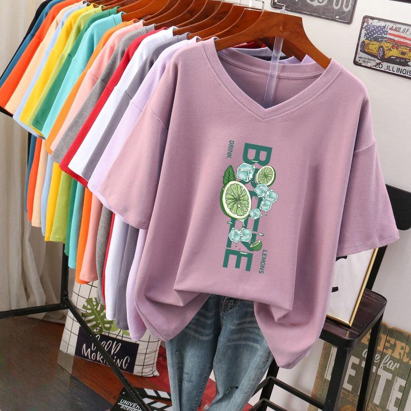 Kurzärmeliges T-Shirt, Locker sitzend, Schlankmachendes bedrucktes V-Ausschnitt-Top für Damen