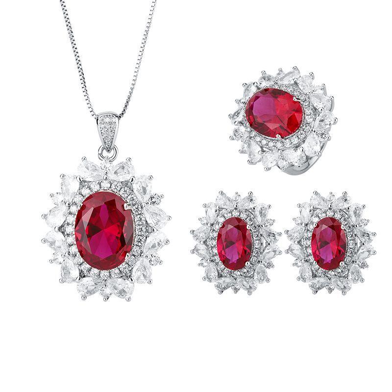 Jewelry Retro Style Simulation Red Corundum Jewelry Set Pendant Ring 12 * 16 Stud Earrings 8 * 12