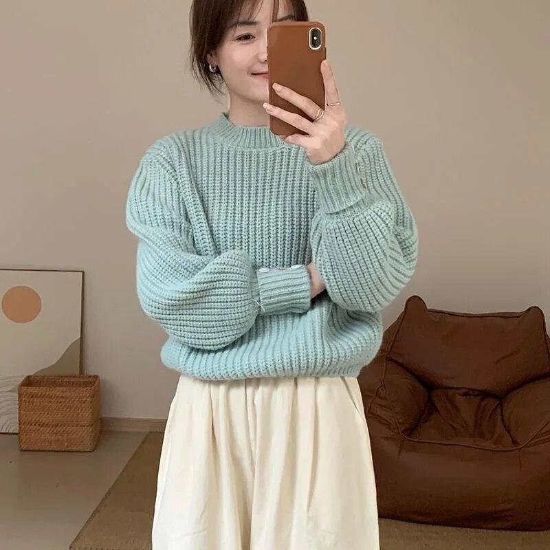 Candy Genser Genser Dame Høst Korean Edition Lazy Style Stand up Hals Solid Langermet strikket Genser Dame