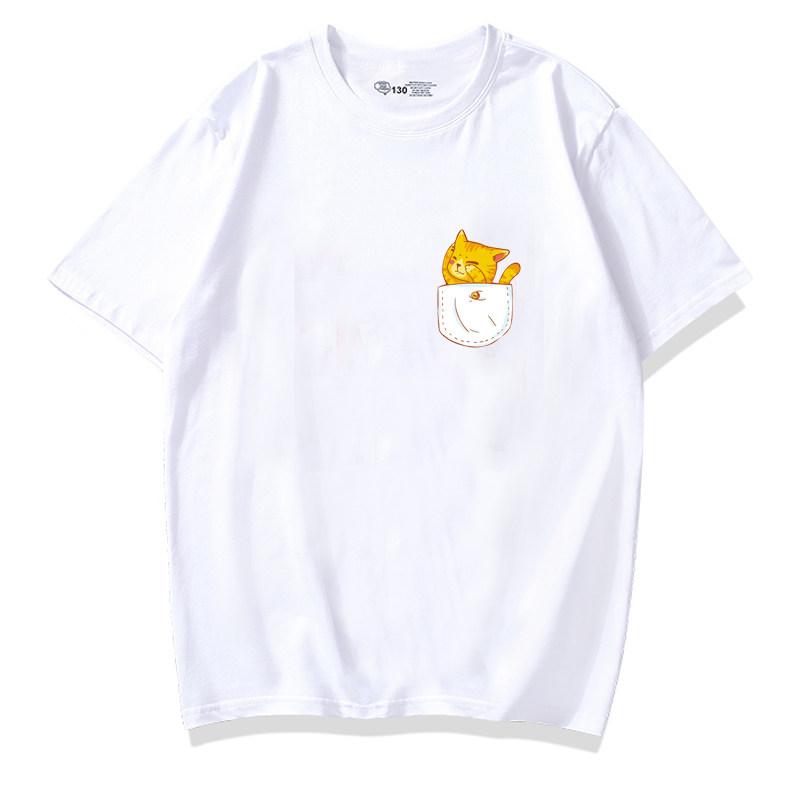Healing Cute Pocket Cat Shiba Inu Pure Cotton Cartoon Printed Tshirt Summer New Unisexs and Unisexs Casual Loose Short Sleeve
