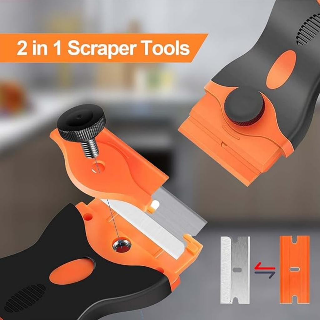 1PC Double Edged Scraping Tool with Extra 10 Plastic Razor Blades & 10 Metal Blades, Multi-Purpose Cleaning Razor Squeegee Knife