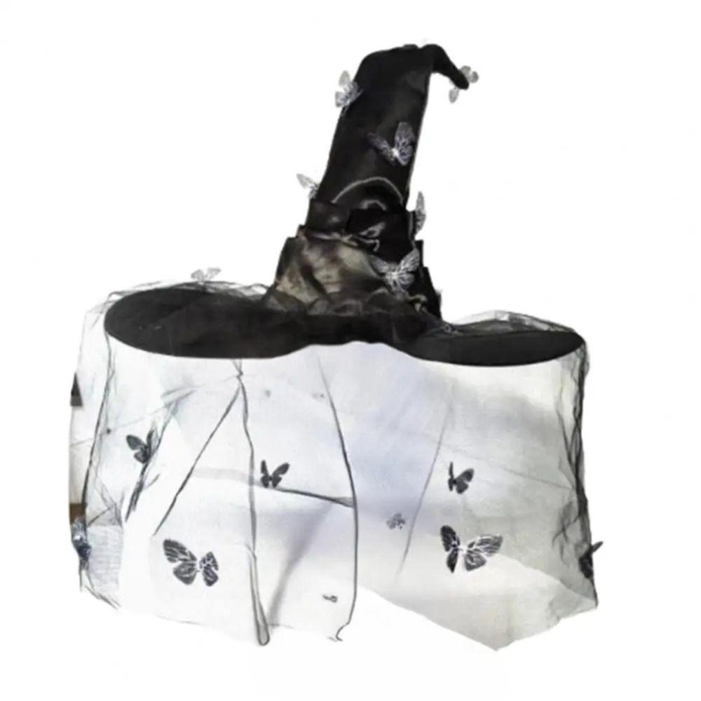 Mesh Yarn Cover Butterfly Witch Hat Colorful Butterflies Design Wizard Cap With Veil Durable Masquerade Cap Women's Costume