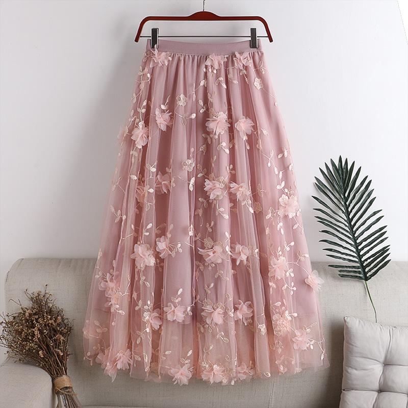 Moda Vita Elastica Applicazioni Ricamo Floreale Gonna Midi a Fiori Casual da Donna Vita Alta Estiva Coreana