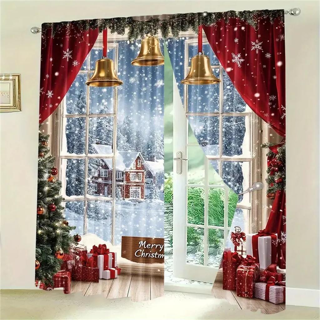 2pcs Christmas Tree Red Christmas Curtains Polyester, Rod Pocket Design for Living Room  Bedroom Kitchen Decor -Machine Washable