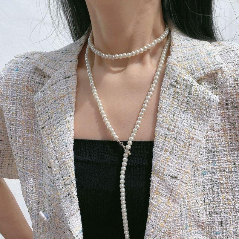 Европейское и американское французское повседневное простое длинное жемчужное ожерелье женское универсальное многослойное ожерелье-бахрома, цепочка для свитера, аксессуары для наслаивания на шею