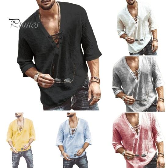 Summer Men Shirt Lace-up V Neck Mid Sleeves Loose Pure Color Pullover Retro Daily Wear Quick Dry Thin Casual Mid Length Top
