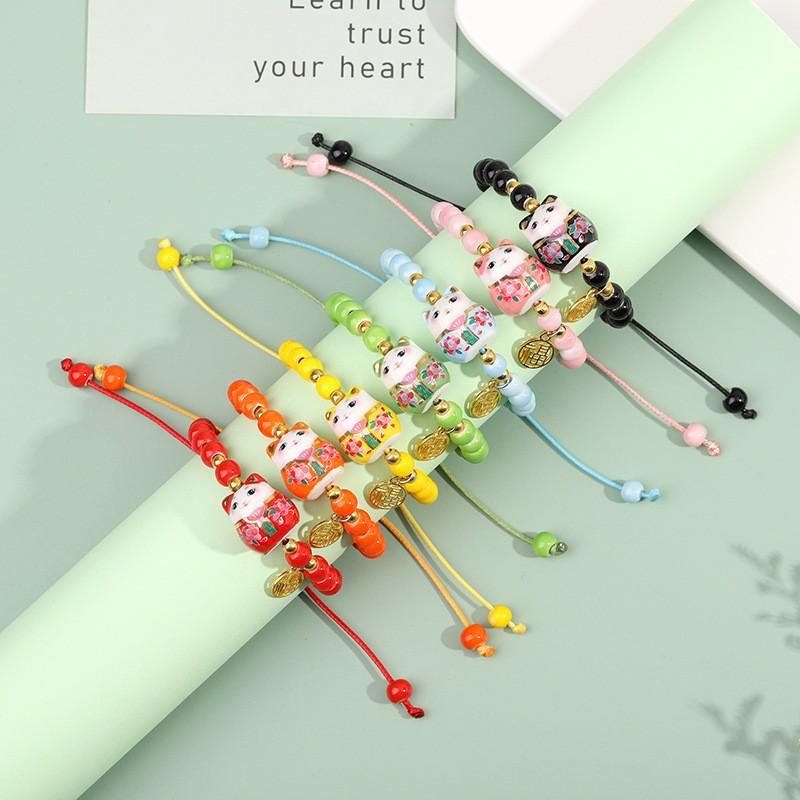 Chinese Style Cute Charm Sweet Cartoon Design Sense Ceramic Fortune Cat Fu Bracelet Originality Wish Men Women Trend String