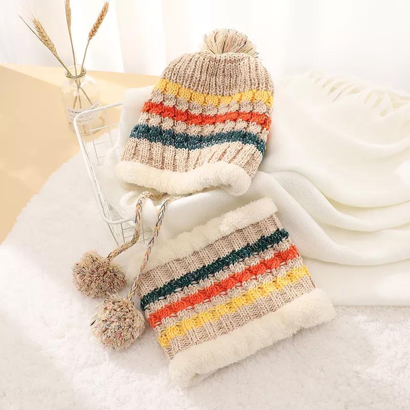 Fashion Women Fleece Lined Warm Hats Neck Warm Beanie Knitted Cap Scarf Set хаки