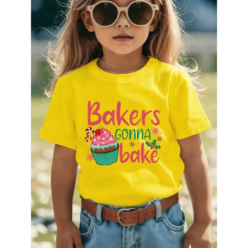 European Sizes Creative Baking T-Shirt for Girls - Features a Playful Pink Design with Handwritten Letters, Perfect for Holiday Gatherings