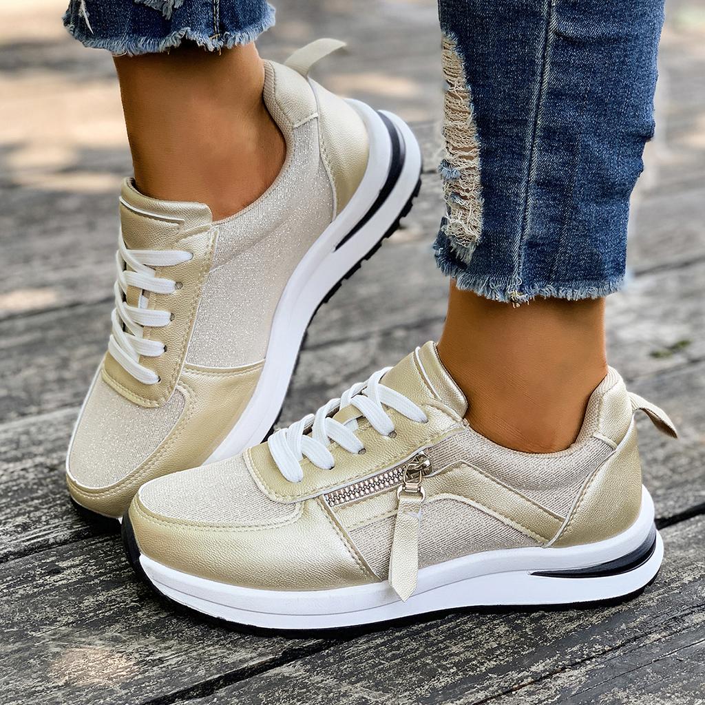 Casual Breathable Mesh Lace Up Sports Sneakers Women 2025 Autumn Fashion Zip Decoration Running Shoes Soft Wedge Heel Sneakers