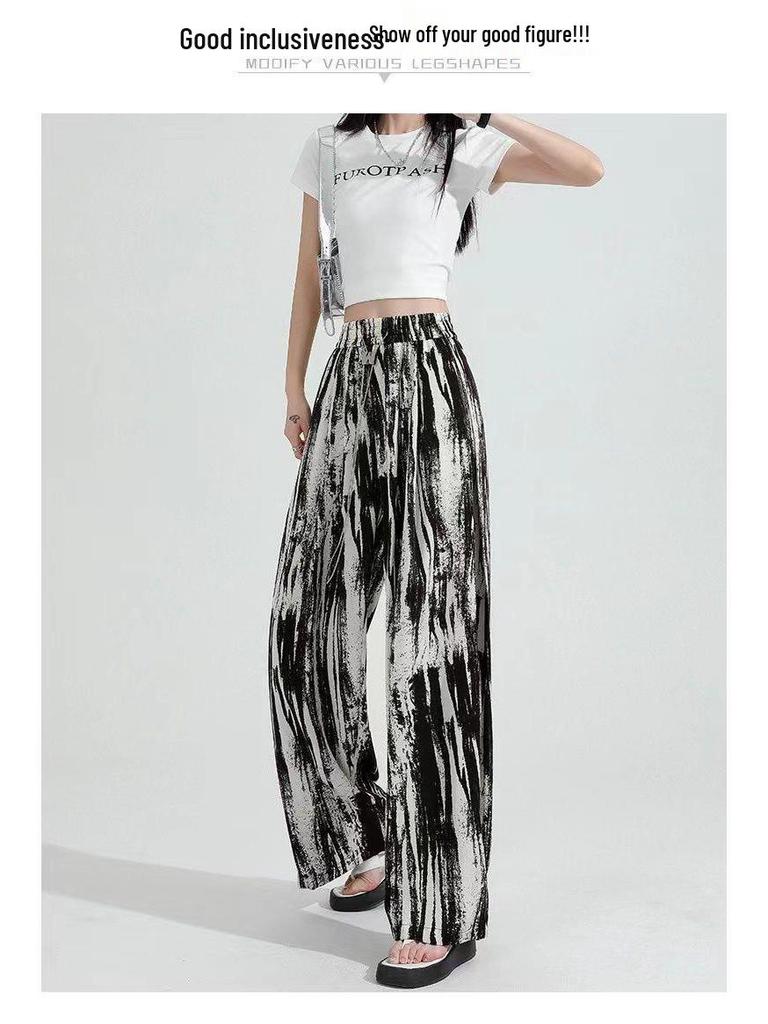 Damen Sommer High-Waist Batik Weitbein Drapierhose - Eisseide, Lockere Passform, Leicht