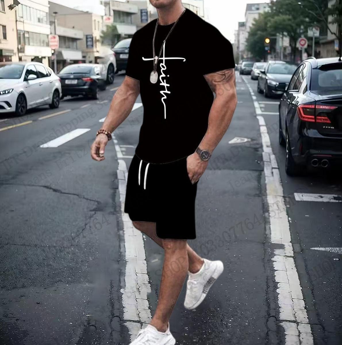 

Two-Piece T-shirt Sets Camo Camouflage Faith Black Cross 3d Print T-shirt+Shorts 2Pcs Set Outdoor Suit Fitness Tee Pant Shorts SET S