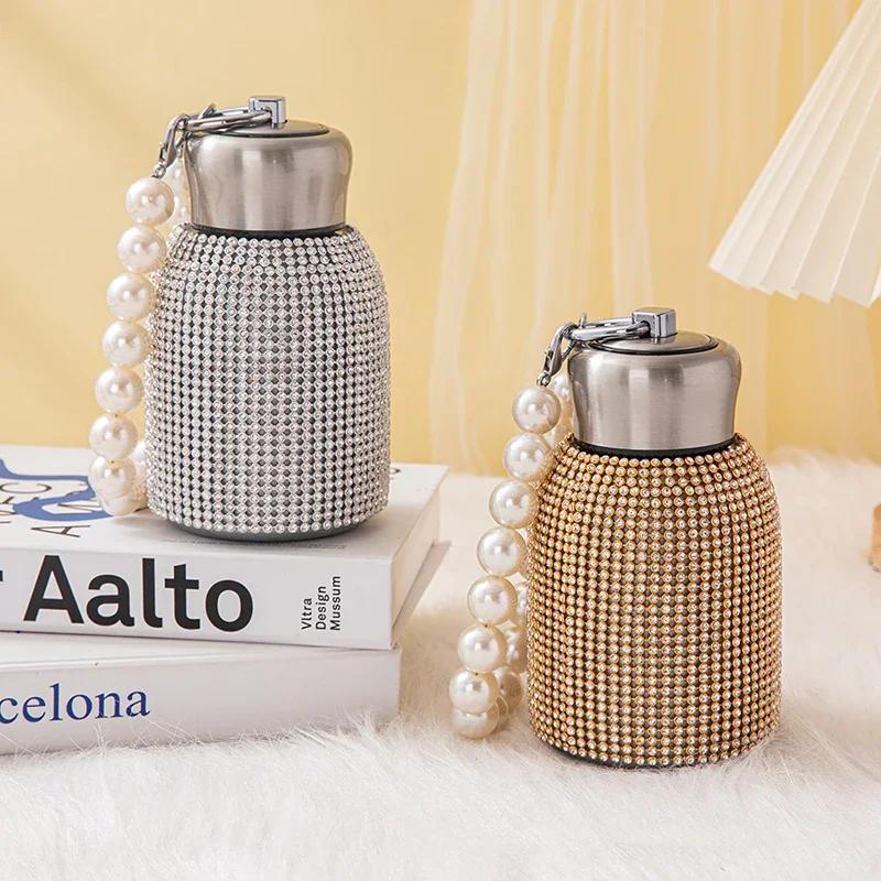 300ml Bling Rhinestone Vacuum Flasks Stainless Steel Thermos Bottle With Pearl Chain Water Bottle Portable Insulating Cup Mug