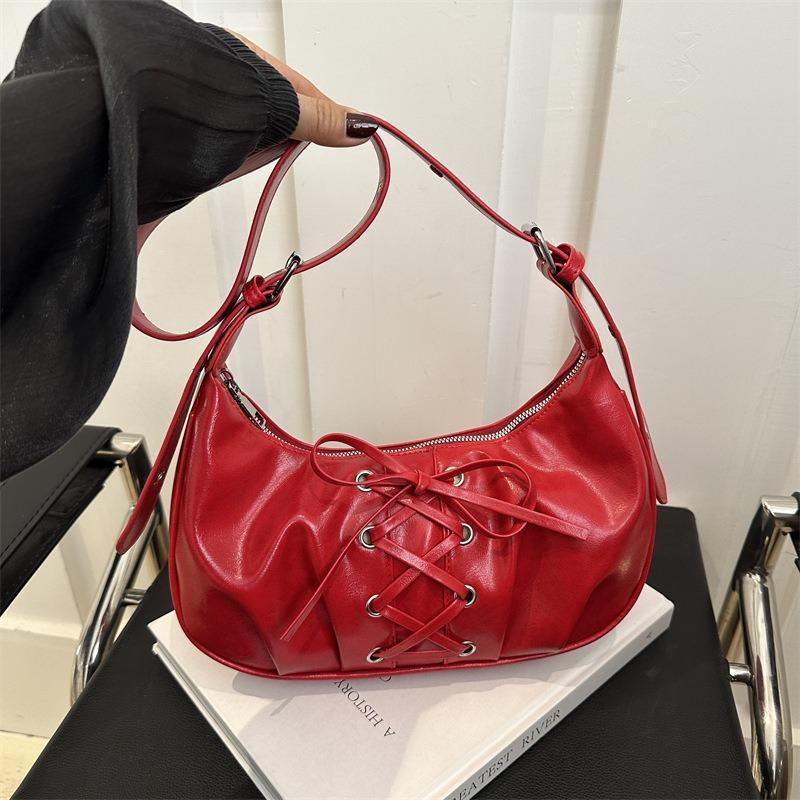 Lace-up bow bag women's spring new PU dumpling bag temperament shoulder bag sweet and cool messenger bag