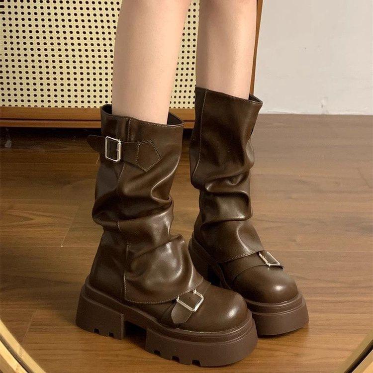 

High-end mid-tube fashion boots Wasteland wind autumn and winter new Chinese niche height-increasing and thin pleated boots 40 коричневий
