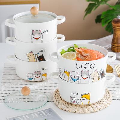 Creative Binaural Ceramic Instant Noodle Bowl with Lid Large Soup Bowl Household Soup Basin Single Student Dormitory Rice Bowl Salad Bowl