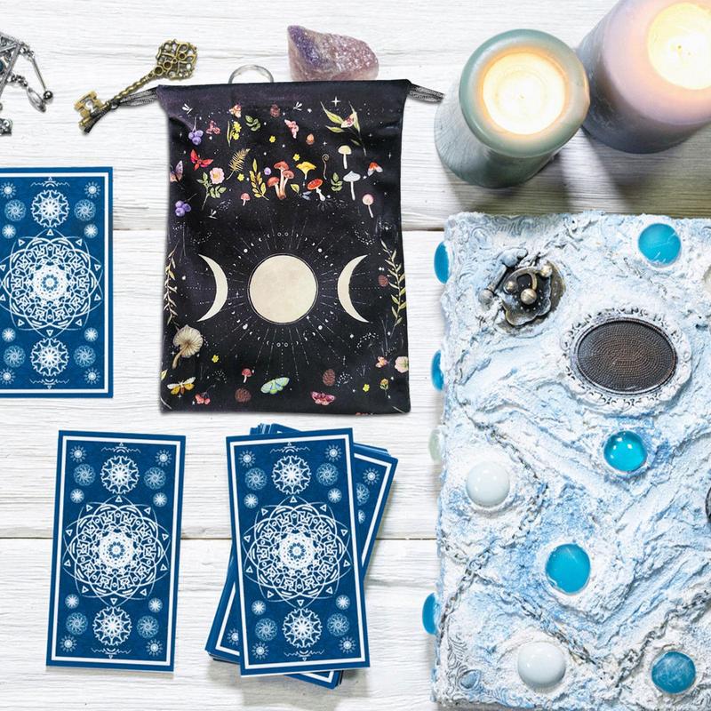 Moon Phase Pattern Tarot Pouch With Drawstrings Flannel Tarot Deck Storage Bag For Tarot Accessories Oracle Decks Dice Runes