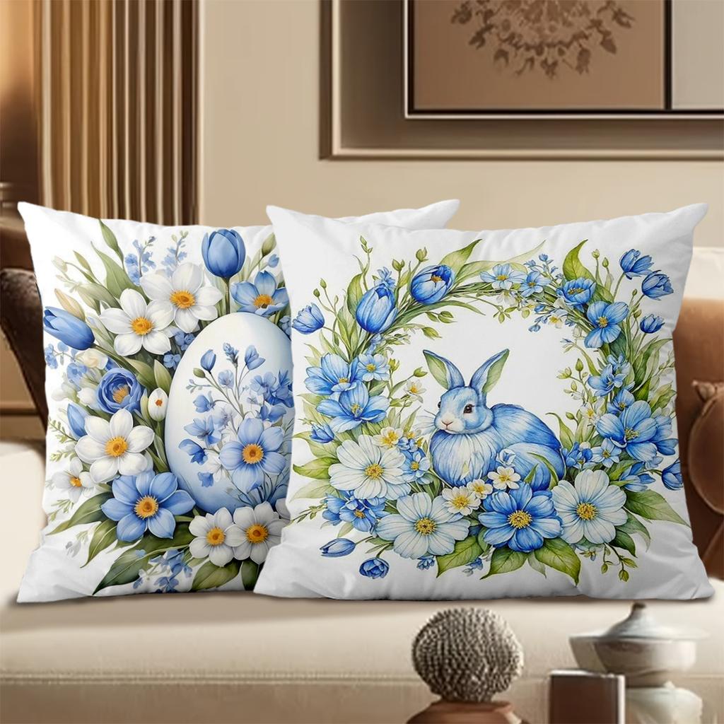 Blue Floral Easter Pillows With Bunny And Eggs Polyester pillowcase, sofa decorative cushion cov Headboard Pillow