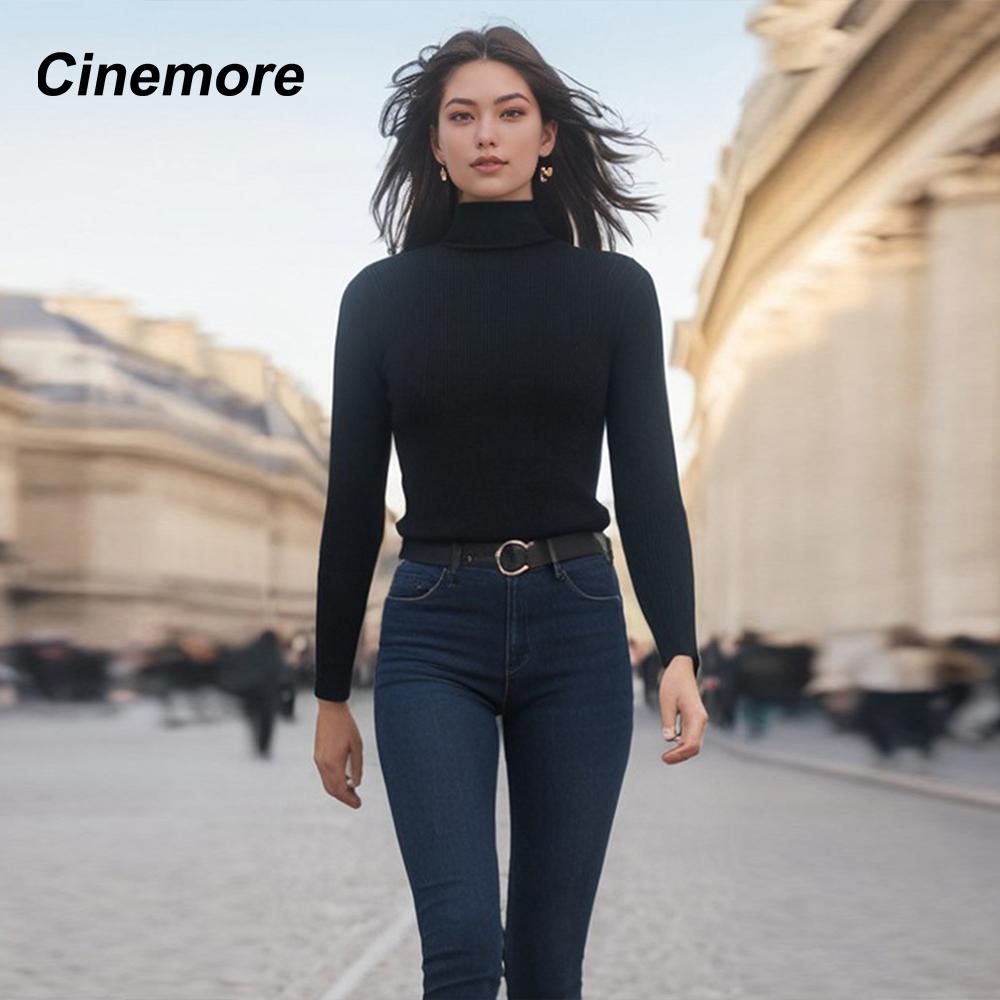 Cinemore Women's Sweater Solid Oversize Casual Pullovers Shirt Warm High Neck Basic Knitted Jumper Cashmere Bottoming Top