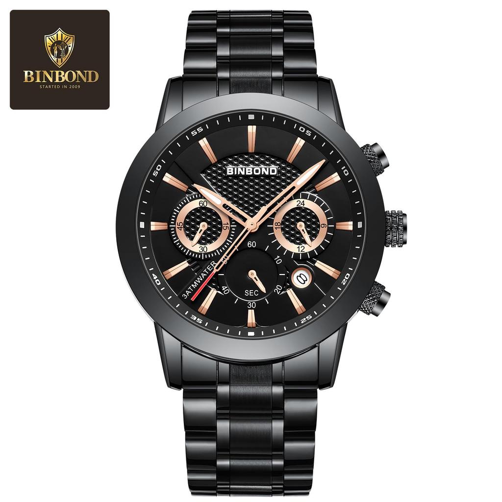 BINBOND Men's Waterproof Quartz Sports Watch with Steel Strap and Dual Eye Multifunction.