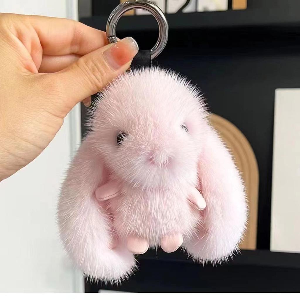 Cute Fluffy Rabbit Ring Plush Pompon Bunny Bag Pendant For Girls Car Jewelry Gifts Bag Charm