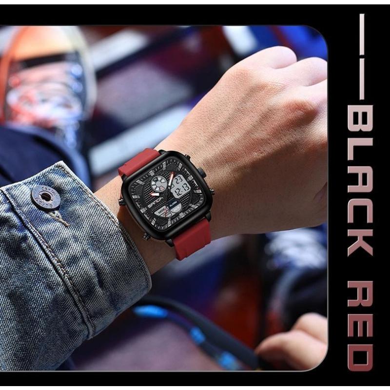 SANDA Retro Square Double Display Electronic Watch Night Light Waterproof Business Leisure Men's Watches Sports Silicone Strap Wristwatch