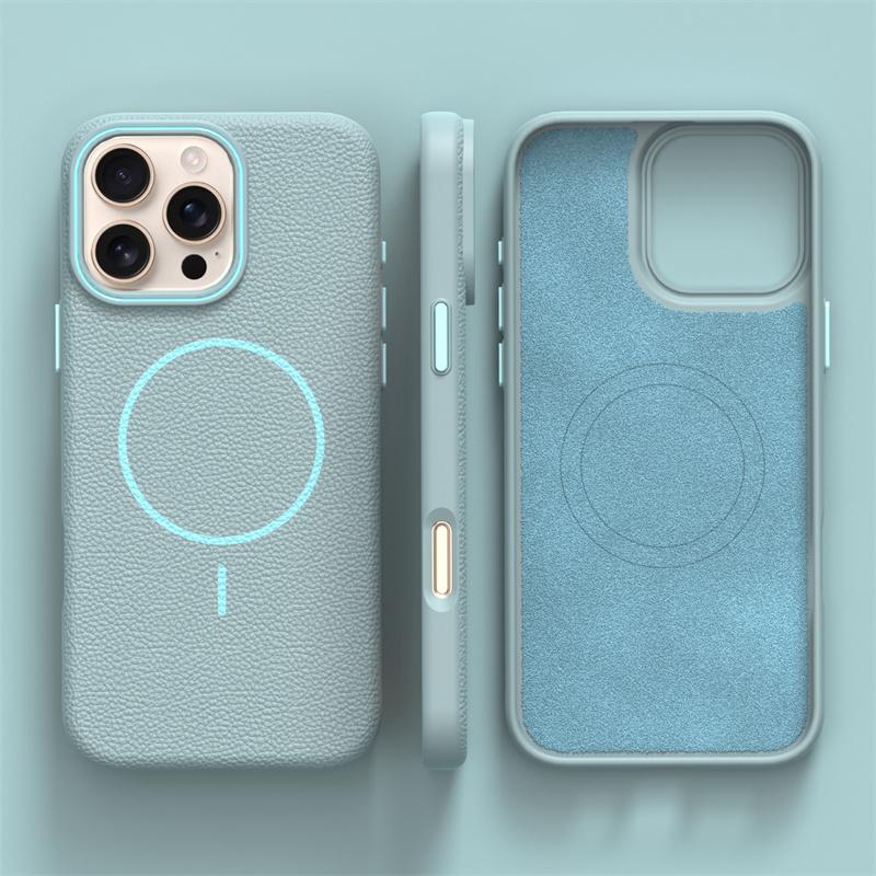 Ultrathin Simple Magsafe Phone Case For Iphone 16 Pro Max 15 Pro 14 13 12 Lichee Pattern Hit Color Lens Wireless Charging Cover