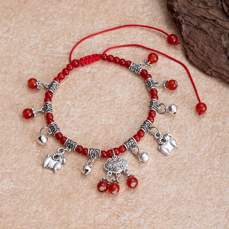 Imitation Red Agate Zodiac Foot ChainRed Rope Bell Hidden Silver Peace Lock Foot Rope Accessory