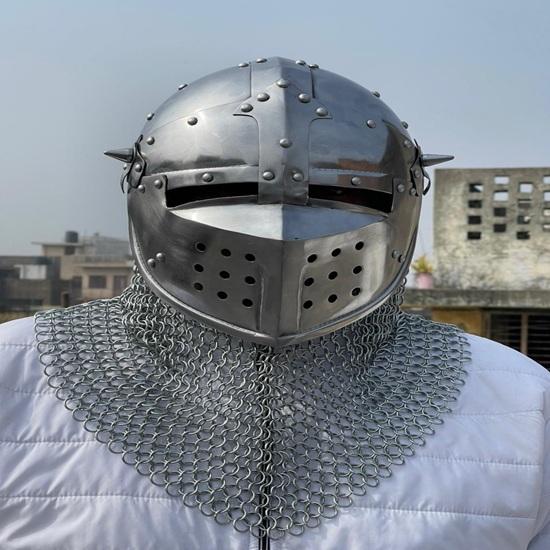 Medieval Gothic Knight Steel Helmet with Chainmail Coif Cosplay Armor
