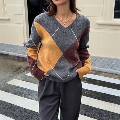 Autumn Winter V-neck Loose Casual Patchwork Pullover Knitting Top Women Simple Fashion All-match Sweater