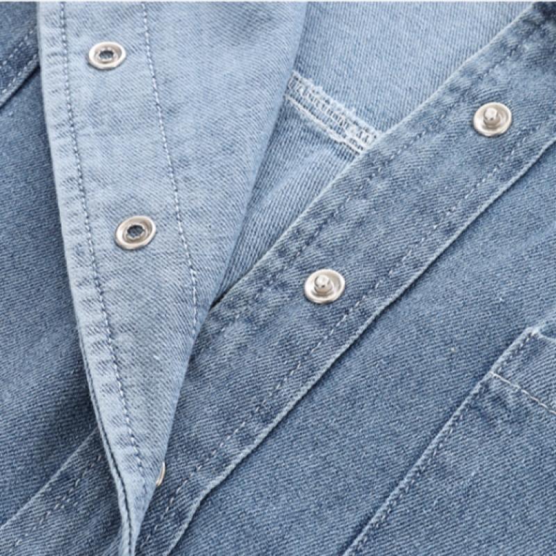 Shop Women Semi Crop Collar Neck Button Open Denim Long Sleeve Shirt Dark Blue