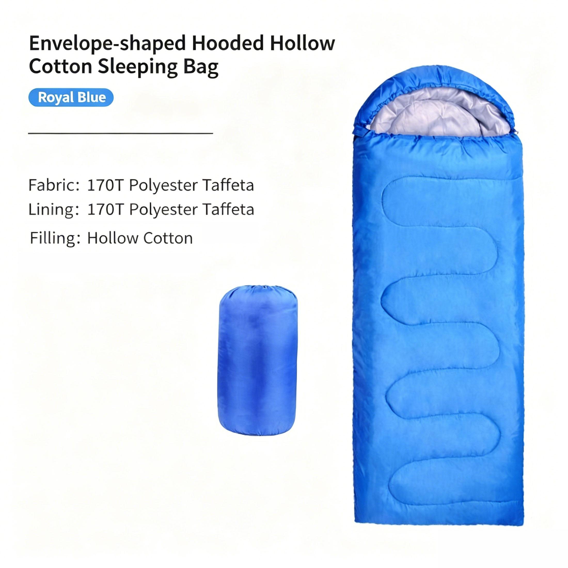 Hooded Envelope Camping Sleeping Bag Hollow Cotton Fill, Portable Water Resistant Backpacking Sleep Bag for Outdoor, Travel, Hiking, Indoor, Home Rest синий