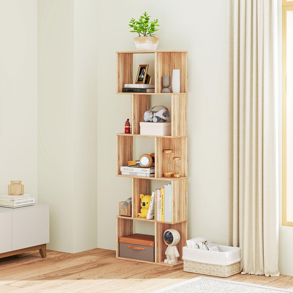 5 Tier Bookshelf S Shaped Storage Shelf With Shelves 60 X 24 X 184.5 Cm Natural Wood Effect