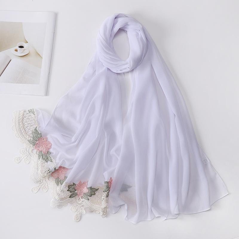 New Premium Pearl Chiffon Hijab Long Shawl Embroidered Lace Floral Muslim Women Wrap Headscarf 70X175Cm Abaya Islam Turban Femme