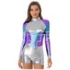 S-3XL Ladies Space Party Jumpsuit Alien Robot Design Metallic Shiny Contrast Color Long Sleeve Back Zipper Bodysuit for Halloween Cosplay