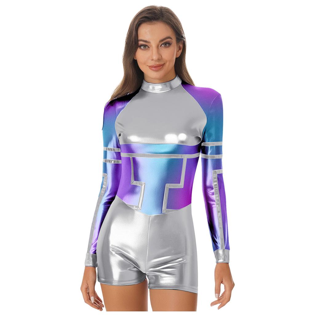 S-3XL Ladies Space Party Jumpsuit Alien Robot Design Metallic Shiny Contrast Color Long Sleeve Back Zipper Bodysuit for Halloween Cosplay