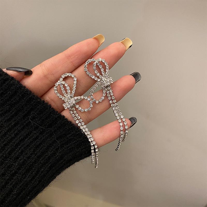 S925 Silver Needle Diamond Bow Tassel Earrings - Trendy Korean Fashion for Women