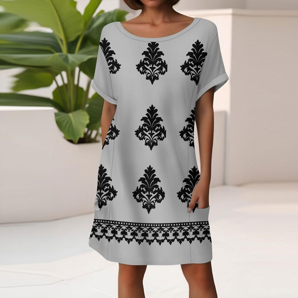 Women's Fashion Short Sleeve Dress With Pockets Floral Print Casual Beach Dress
