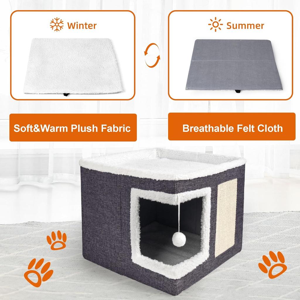 Cat Houses for Indoor Cats,Large Cat Bed Cave with Scratch Pad and Fluffy Ball, Foldable Cat Condo Hideaway