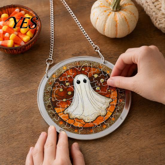 Transparent Stained Glass Halloween Acrylic Puzzle Decor, 2D Ghost Pumpkin Skeleton Hanging Sign, Faux Holiday Spooky Decorations for Party