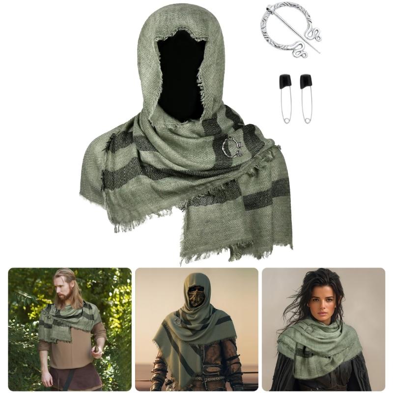 Medieval Scarf Cowl Men with Brooch,Vikinges Cowl Hood Cloak,Renaissances Rogue Hooded Shawl for Halloween Cosplay