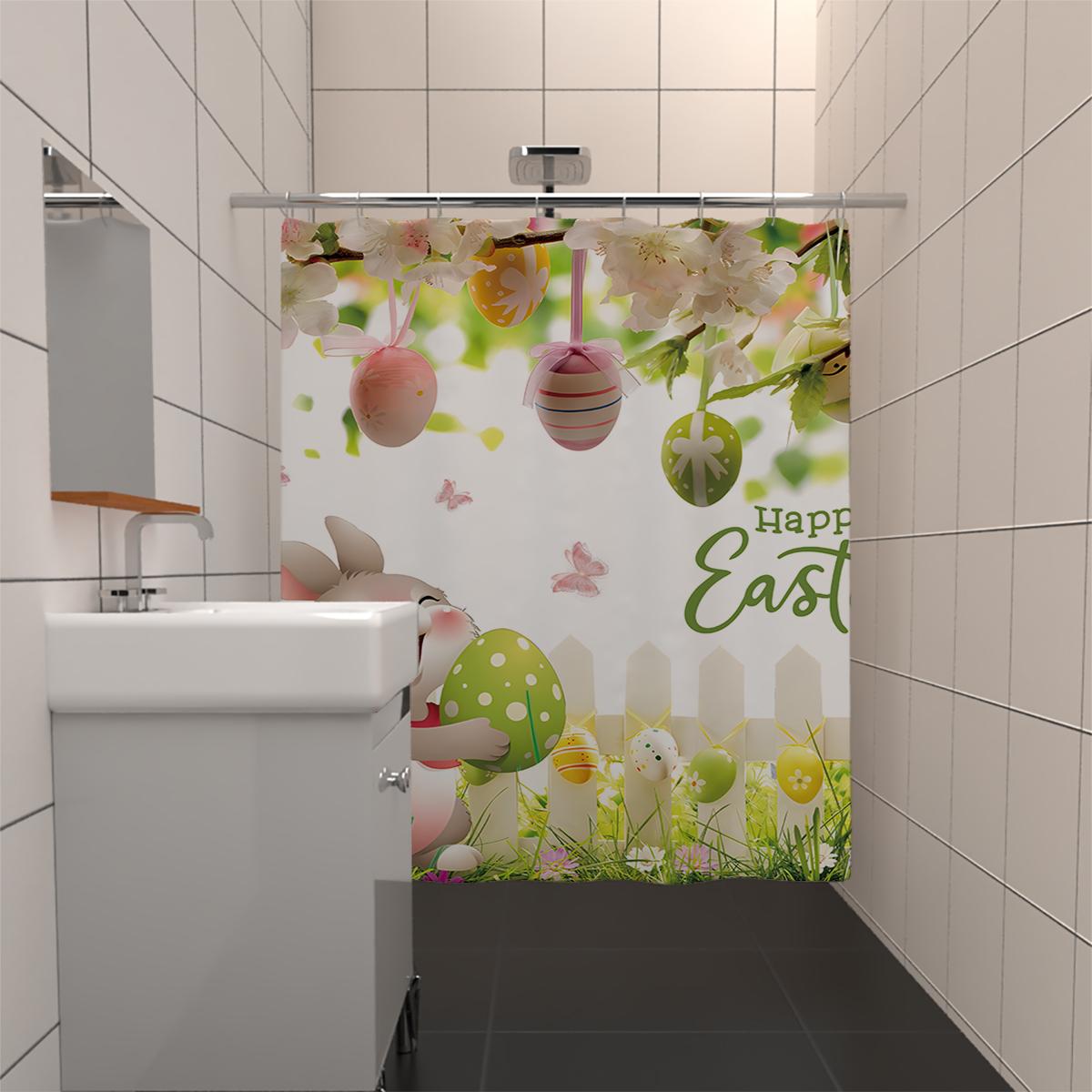 

1PC Easter Bunny Easter Egg Decoration Shower Curtain, Playful rabbit theme With 12 hooks,Spring Holiday Bathroom Decoration