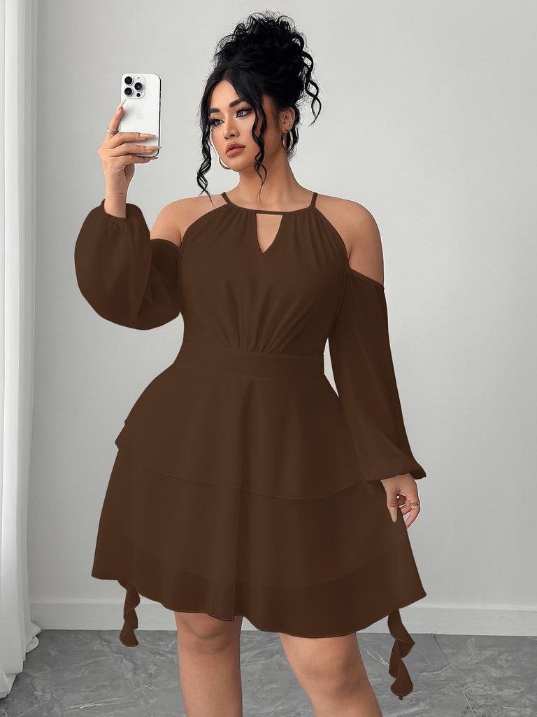 European & American Plus Size Off-the-Shoulder Ruffle Dress with Sweetheart Neckline and Lantern Sleeves