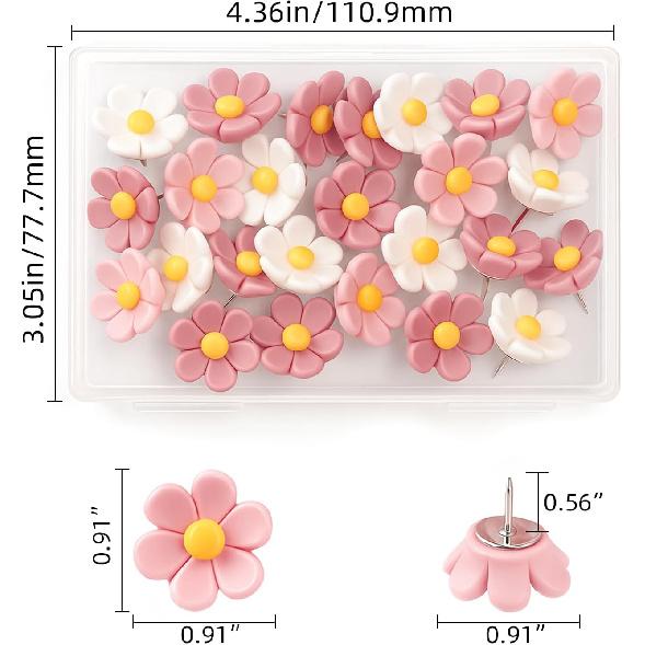 Cute Flower Push P, 30Pcs Aesthetic Thumb Tacks with Rust-Proof Metal Tips for Cork Bulletin Board, Photo Walls, Office & Home Decor