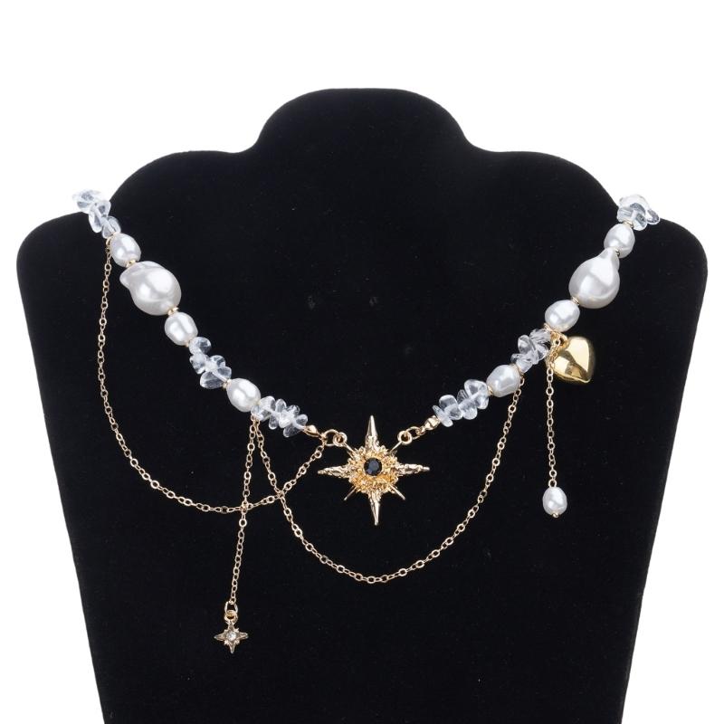 Modern Eight Point Star Necklace Short Length Neckchain For Women Edgy Street Style Jewelry With Faux Pearls Accent