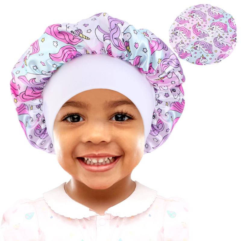 Neues Baby Einhorn Cartoon Druck Satin Nachtschlafmütze Elastisches Breites Band Bonnet Haarabdeckung Mütze Beanie Salon Bad Spa Duschhauben